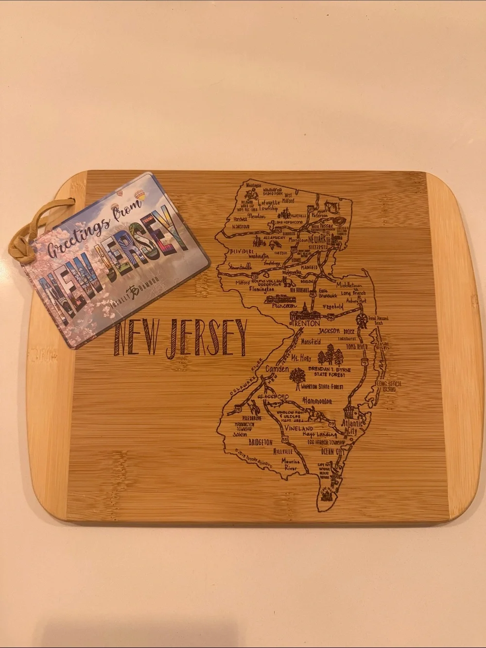Vintage Bamboo New Jersey Map Cutting Board with Accent Tag